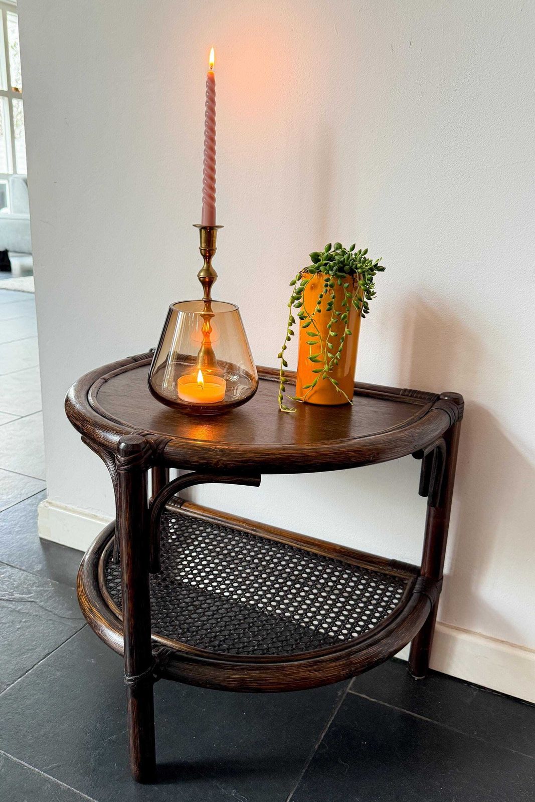 Vintage Rattan And Cane Half Moon Wall Table   Wicker   Excellent Condition   Mid Century Design   Bohemian   Side Table photo vinterior