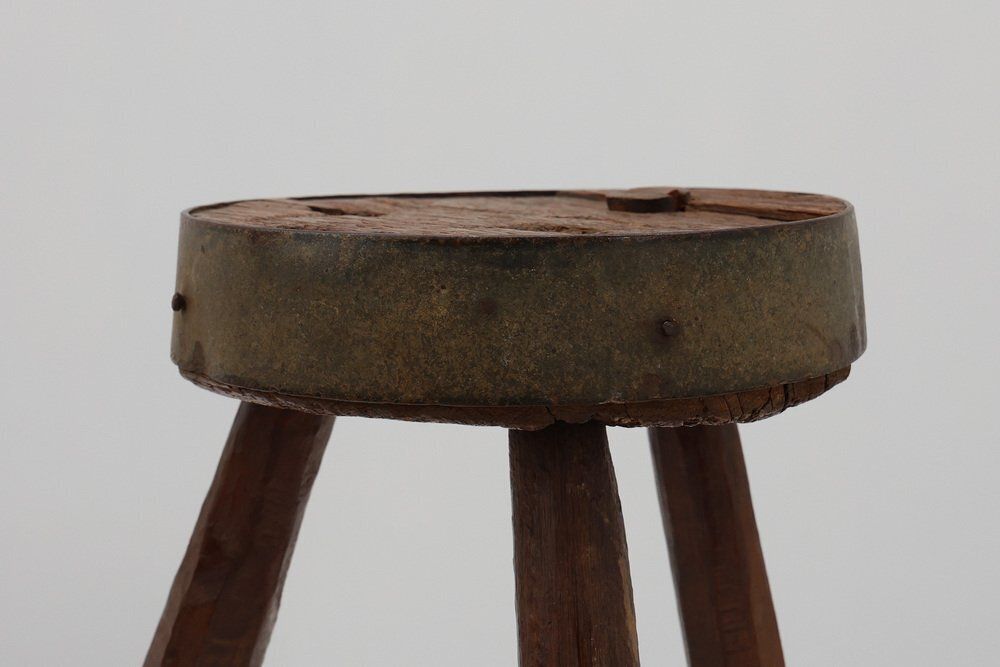 Brutalist French Oak Tripod Stool With Metal Rim, 1850s photo furniture