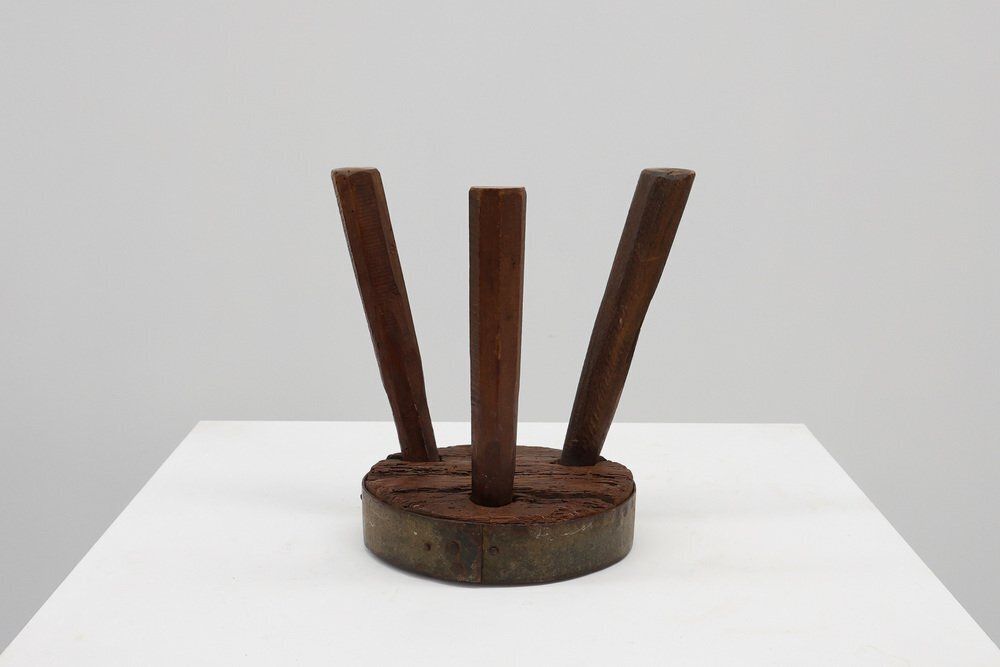 Brutalist French Oak Tripod Stool With Metal Rim, 1850s photo vintage