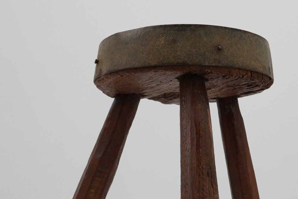 Furniture Brutalist French Oak Tripod Stool With Metal Rim, 1850s photo