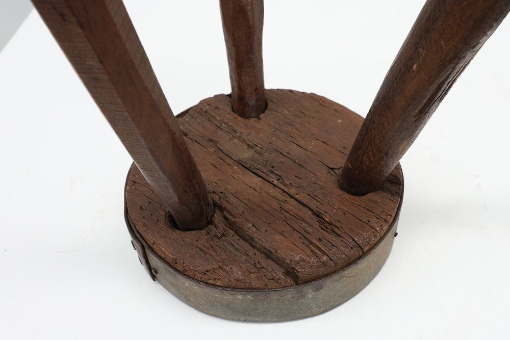 photo vinterior Brutalist French Oak Tripod Stool With Metal Rim, 1850s