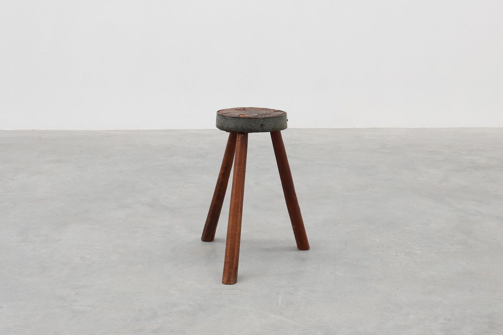 Brutalist French Oak Tripod Stool With Metal Rim, 1850s photo vintage