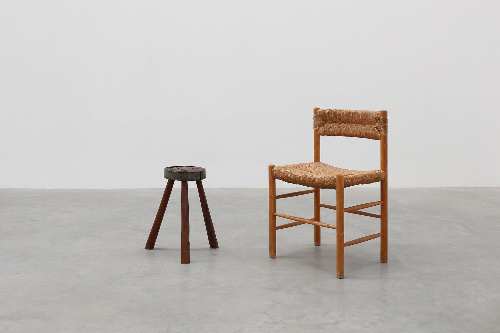 photo furniture Brutalist French Oak Tripod Stool With Metal Rim, 1850s