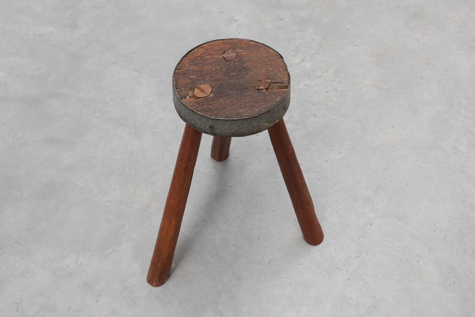 Furniture Brutalist French Oak Tripod Stool With Metal Rim, 1850s photo
