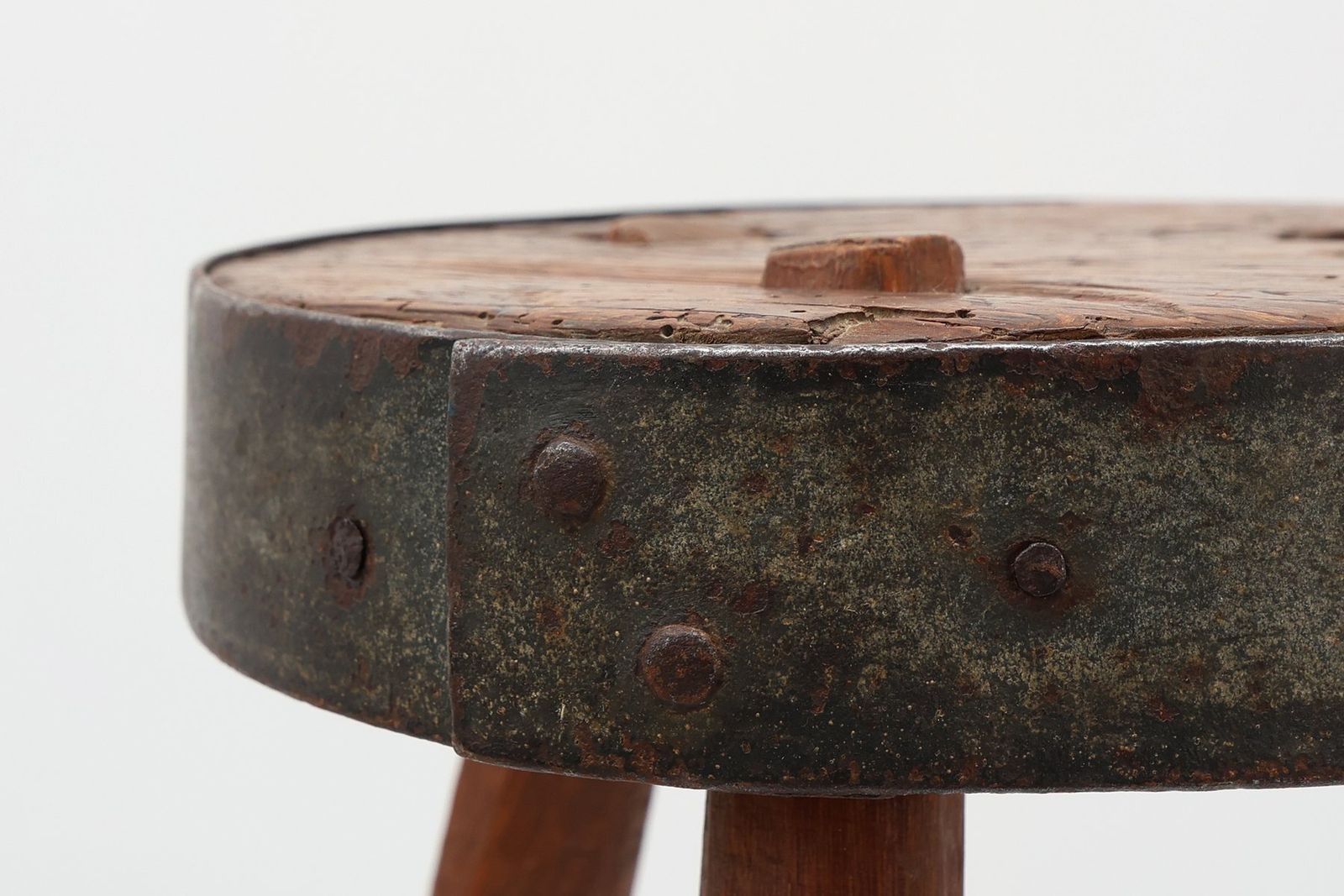 Brutalist French Oak Tripod Stool With Metal Rim, 1850s photo vintage