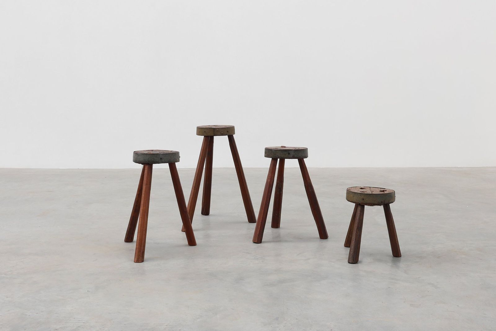 Vintage Brutalist French Oak Tripod Stools With Metal Rim, 1850s, Set Of 4 photo 3645.0