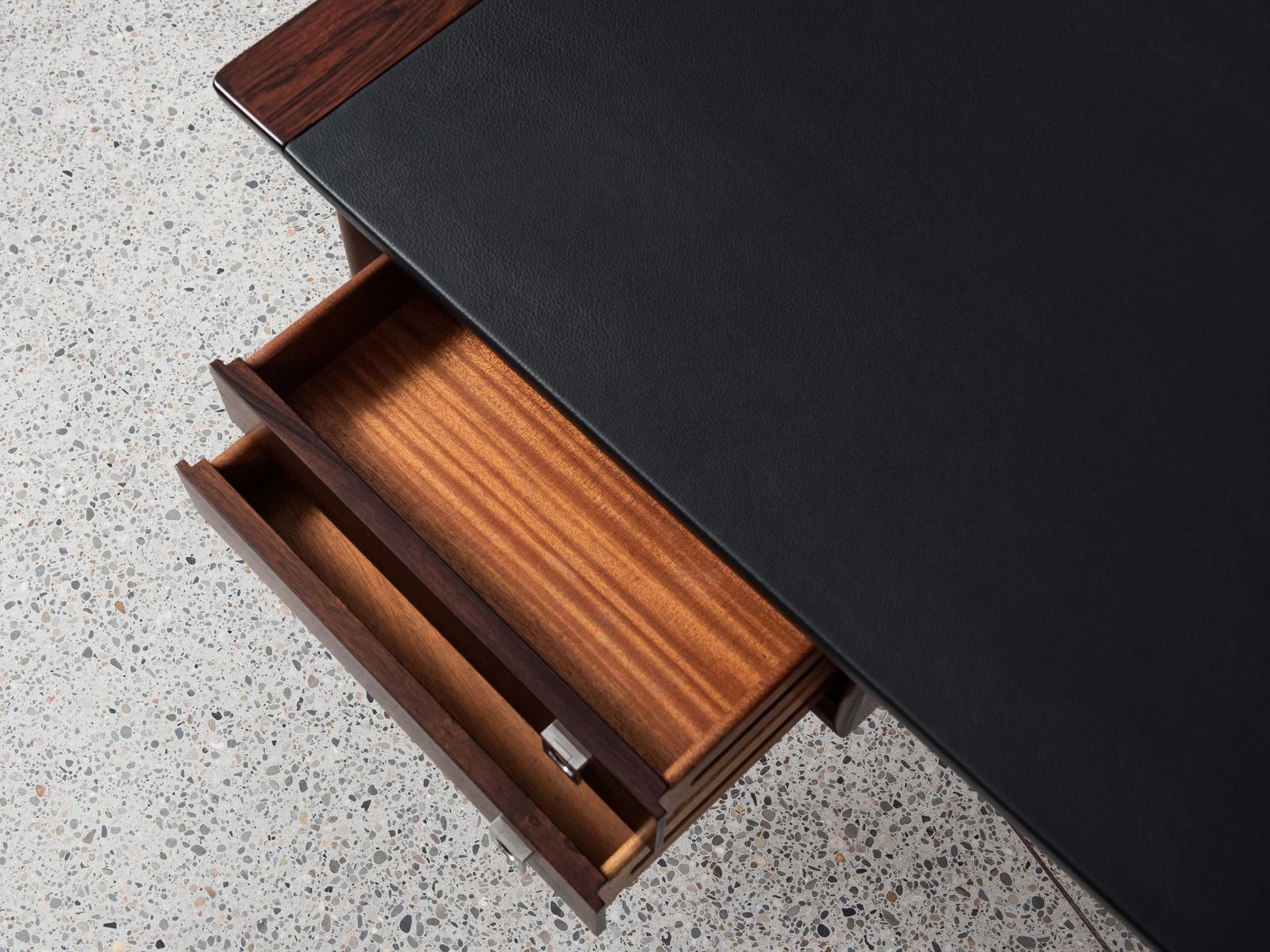 photo for sale Midcentury Danish Xl Desk In Rosewood And New Black Leather By Arne Vodder For Sibast 1960s