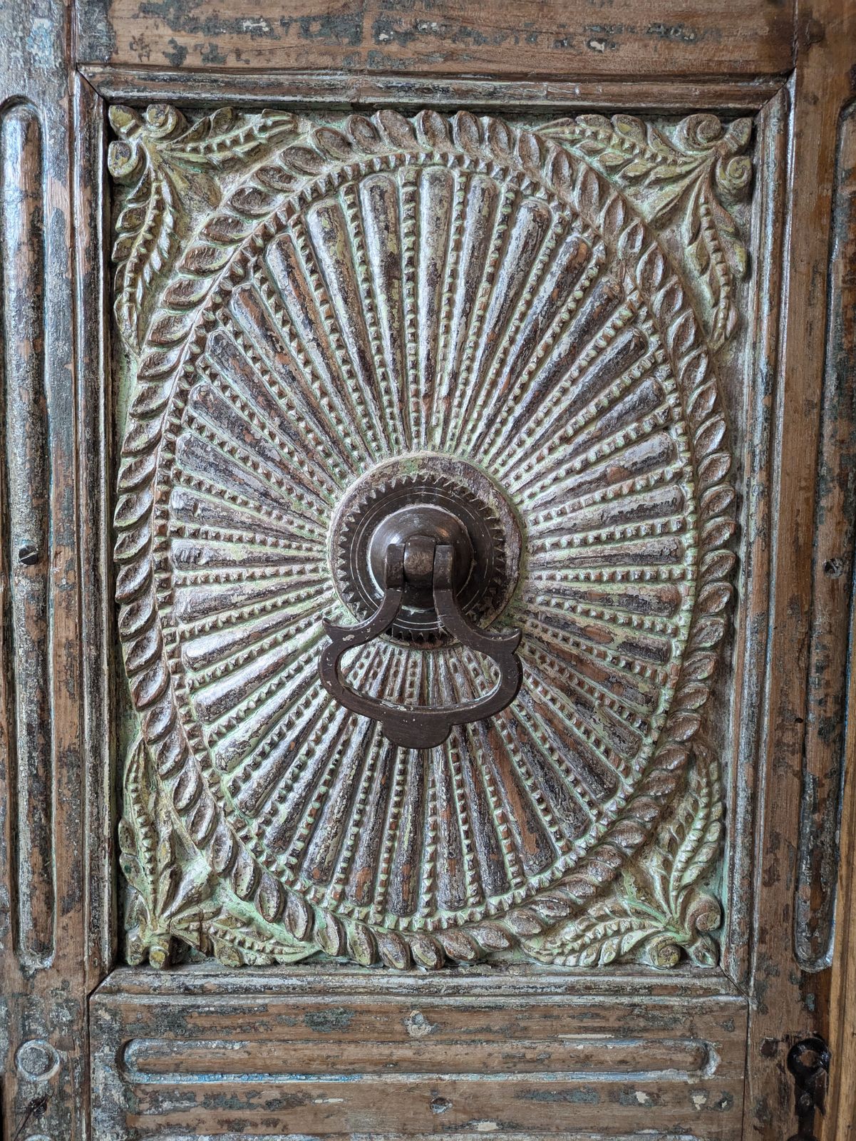 Vintage Indian Teak Almirah Cabinet With Hand Carved Sunburst Doors photo Furniture