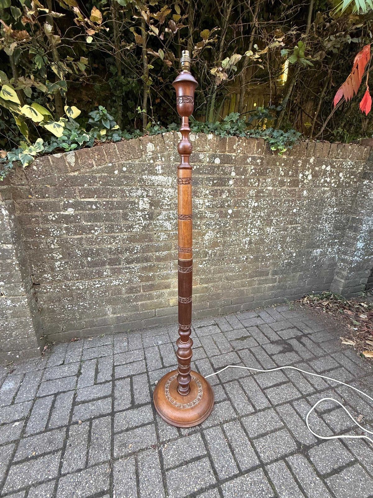 Vintage Carved Wood Floor Lamp, Mid Century 1950s Turned Hardwood Standard Lamp, British Colonial Or Regency Revival Lighting   Working! photo vintage