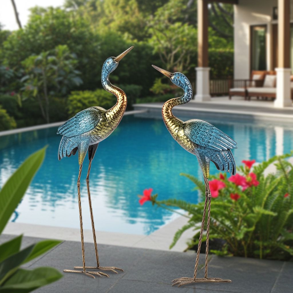 Blue Gold Metal Crane Garden Statue photo Garden Decor
