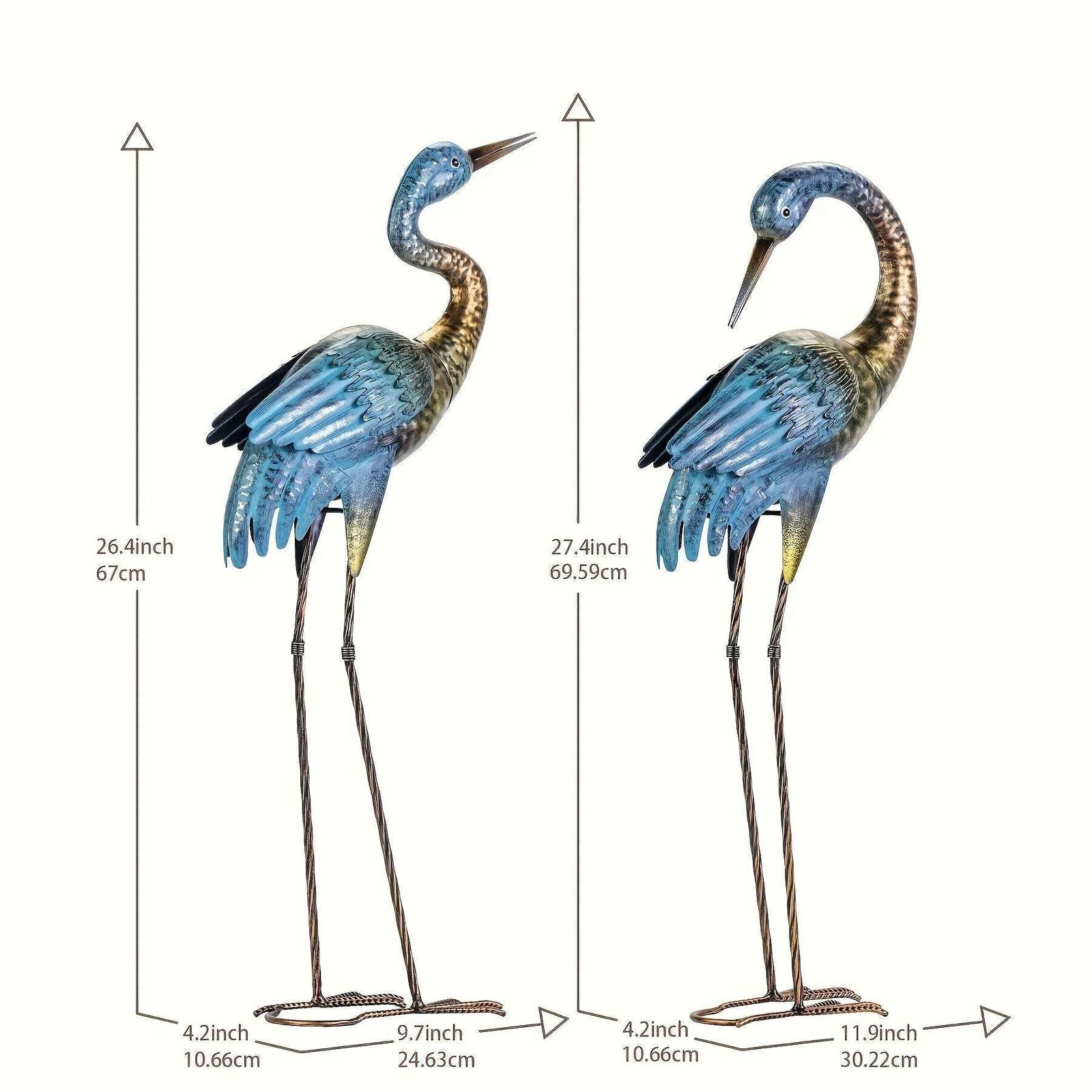Blue Gold Metal Crane Garden Statue photo vinterior