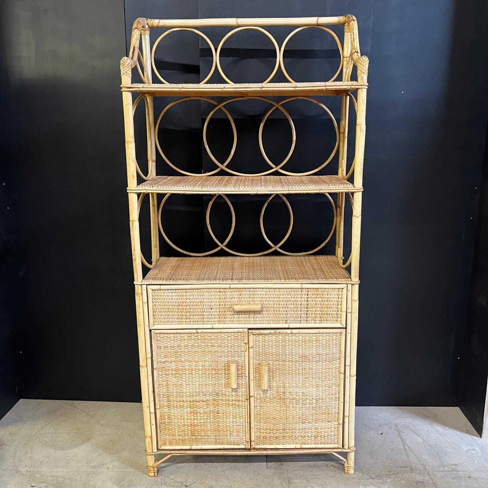 Vintage Cane And Bamboo Display Cabinet With Top Shelving