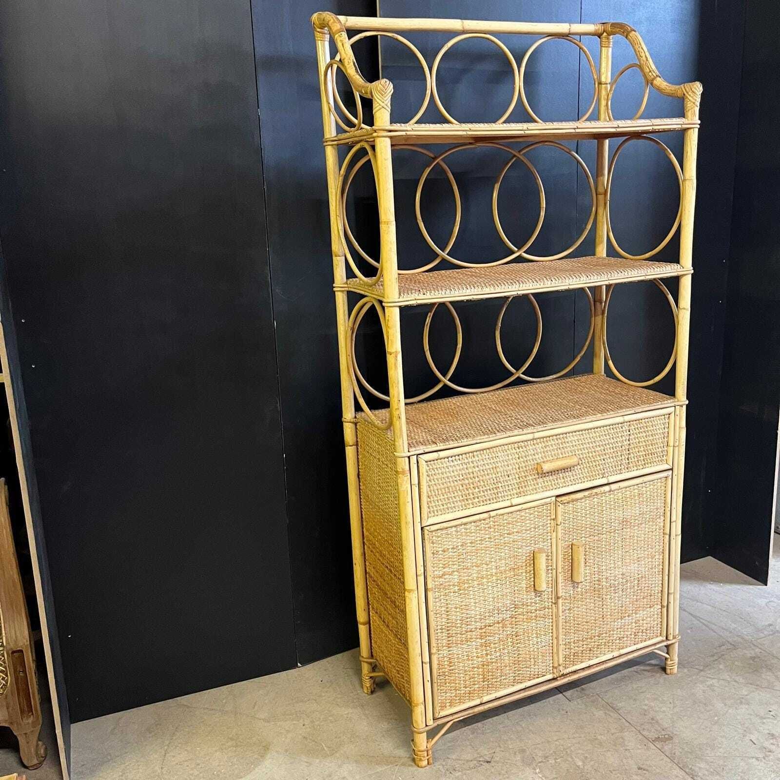 Vintage Cane And Bamboo Display Cabinet With Top Shelving photo furniture