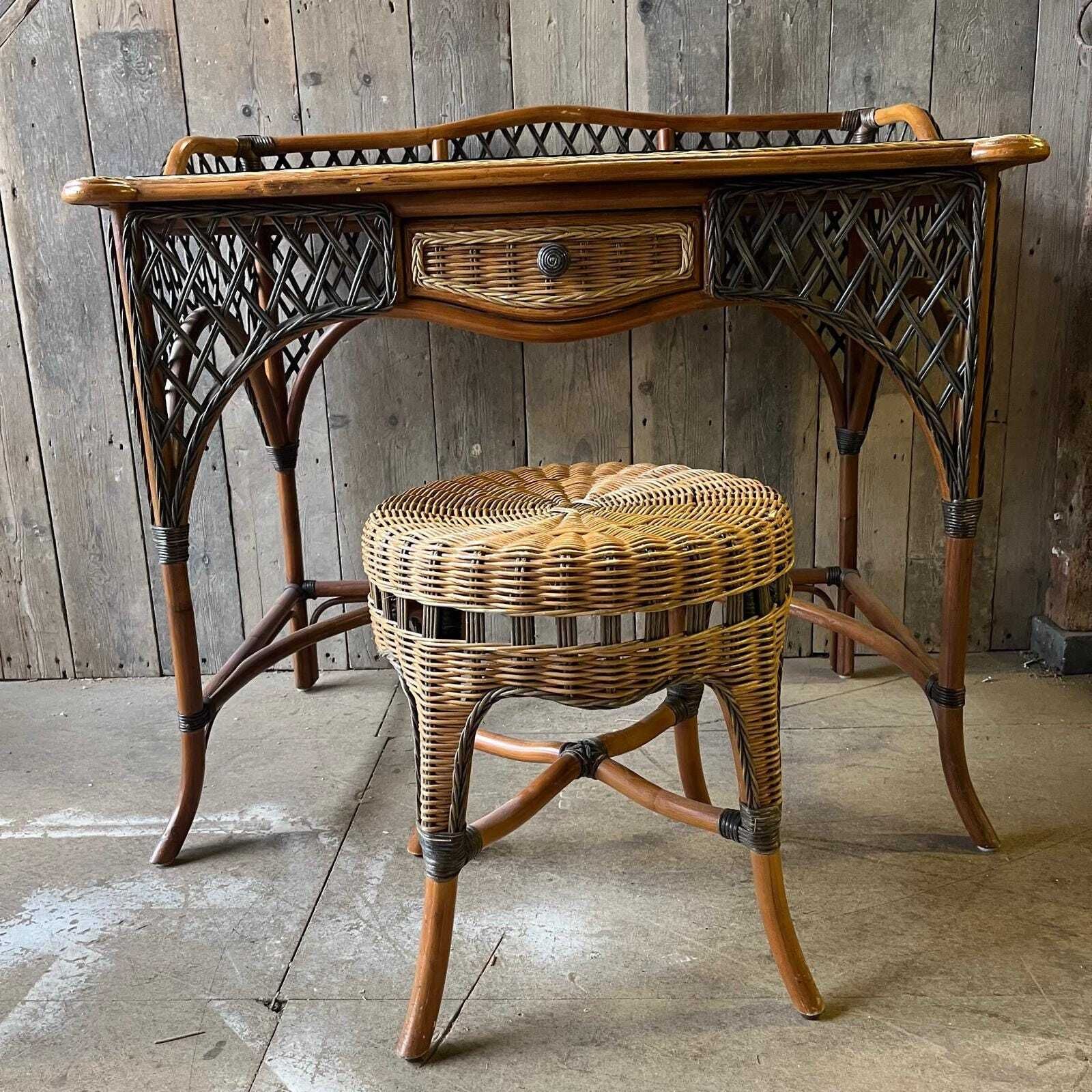 Vintage Wicker Dressing Table With Glass Top And Matching Stool photo furniture