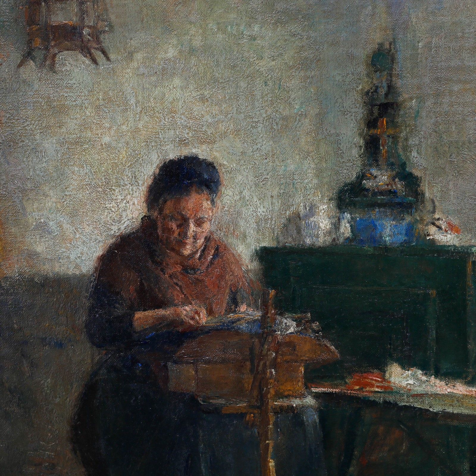 Paul George Dutch Early 20th Century Oil, The Lacemaker photo for sale
