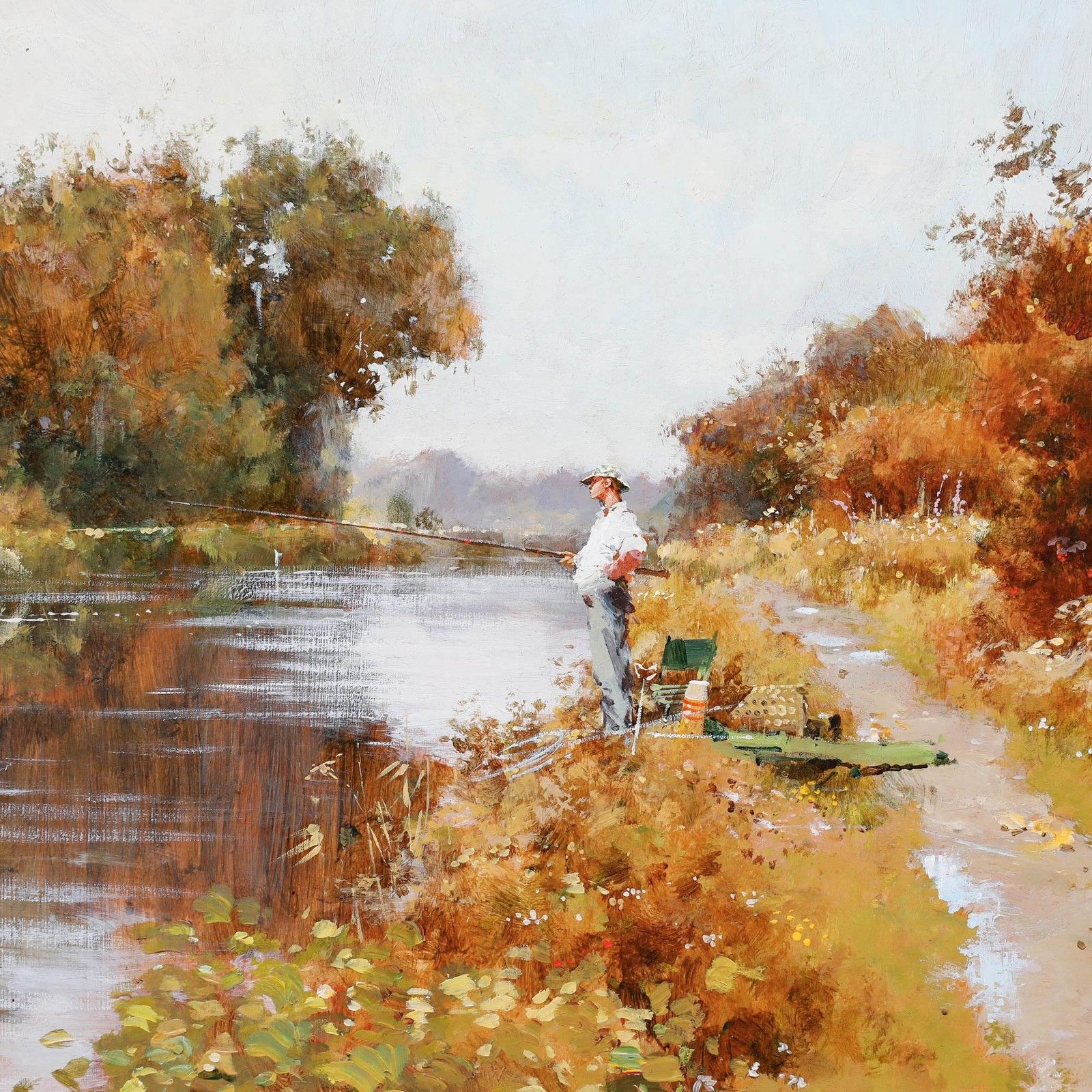 John Haskins (B.1938) 20th Century Acrylic, River Fishing photo Art