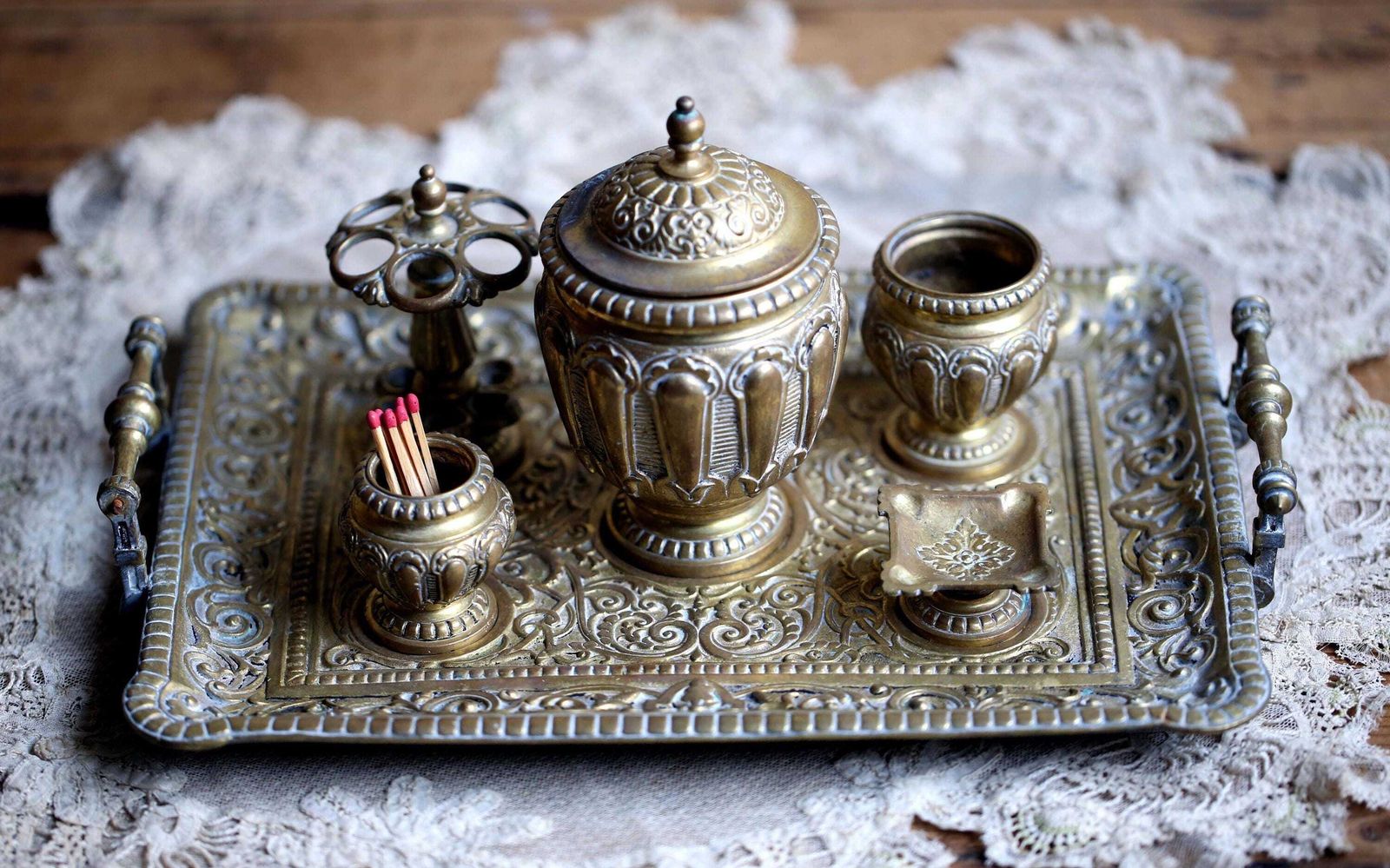 Antique Smoking Tray French Rococo Style Cigar Set Cigarette Stand Match Holder Tobacco Pot In Brass photo furniture