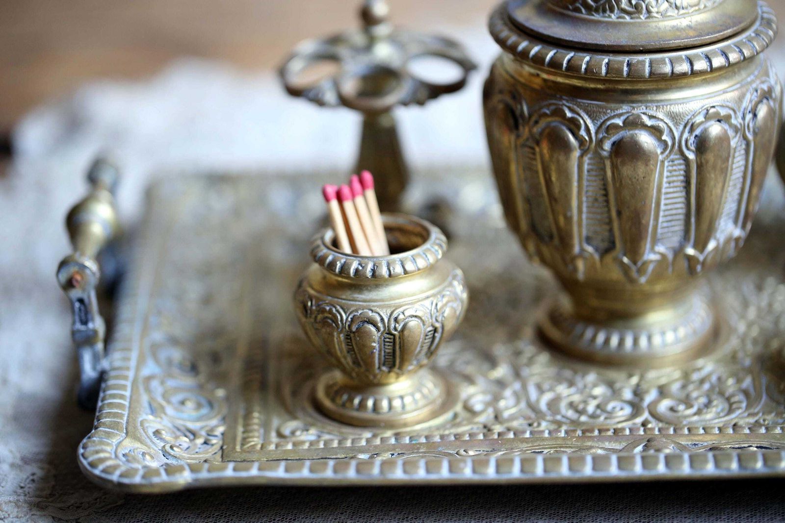 Antique Smoking Tray French Rococo Style Cigar Set Cigarette Stand Match Holder Tobacco Pot In Brass photo vinterior