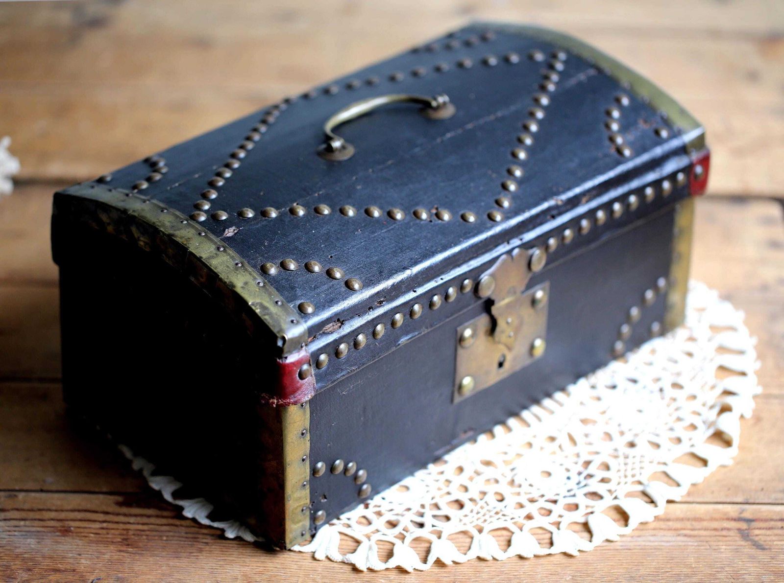 Antique Studded Chest Wooden Storage Black Domed Wedding Box