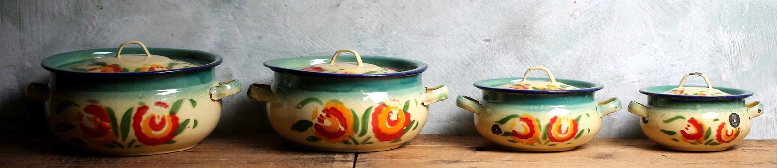 photo for sale Antique French Enamelware Tureens Art Deco Floral Casserole Pans Set Of 4