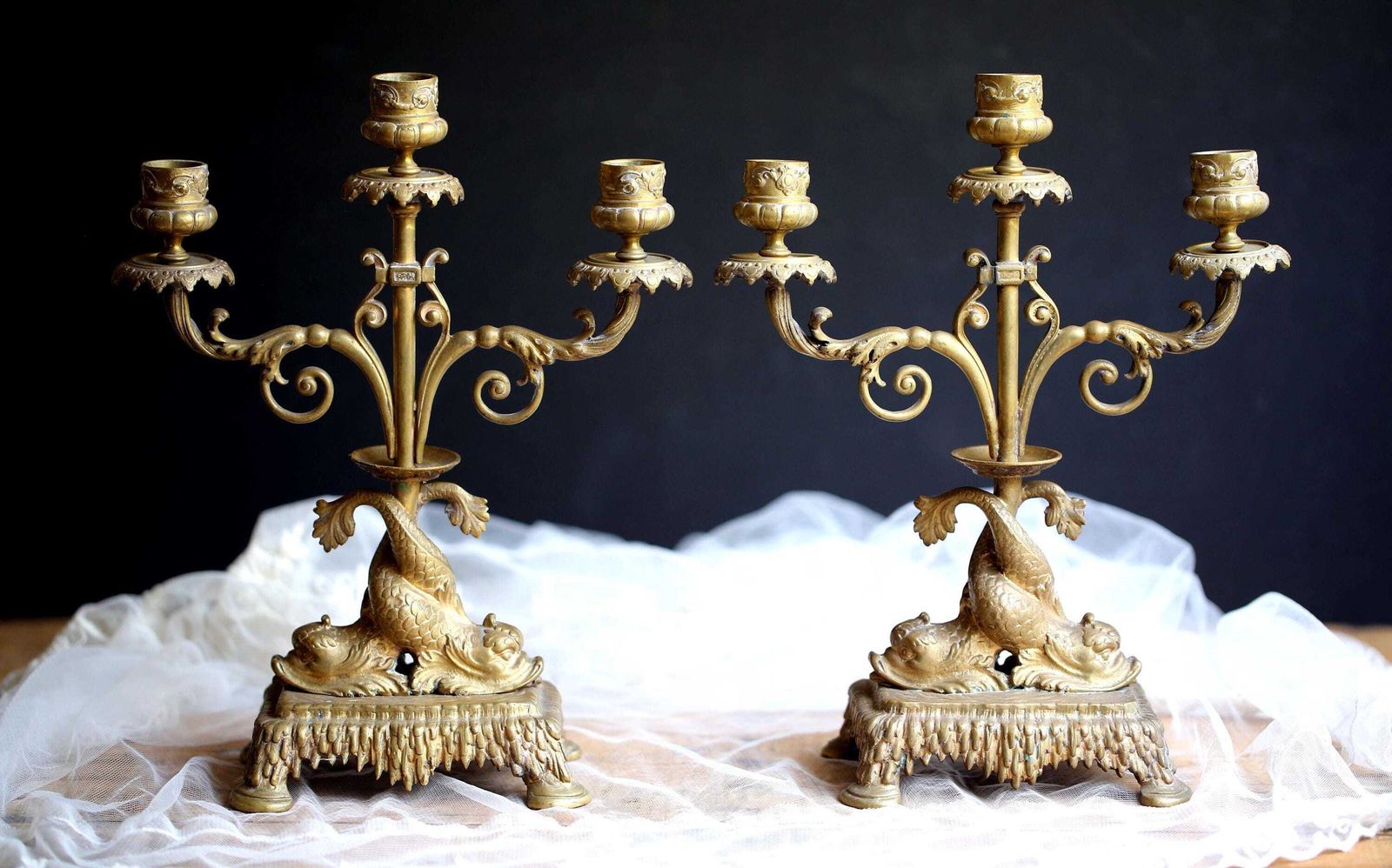 Pair Of Antique French Dolphin Candlesticks Ormolu Candelabras Gilded Bronze Candle Holders
