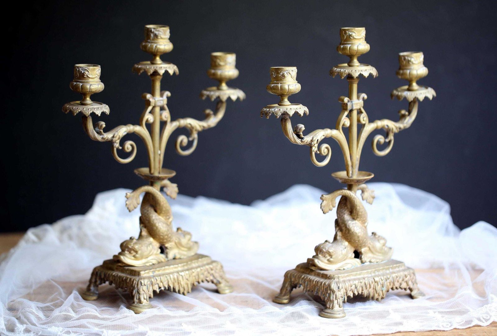 photo for sale Pair Of Antique French Dolphin Candlesticks Ormolu Candelabras Gilded Bronze Candle Holders