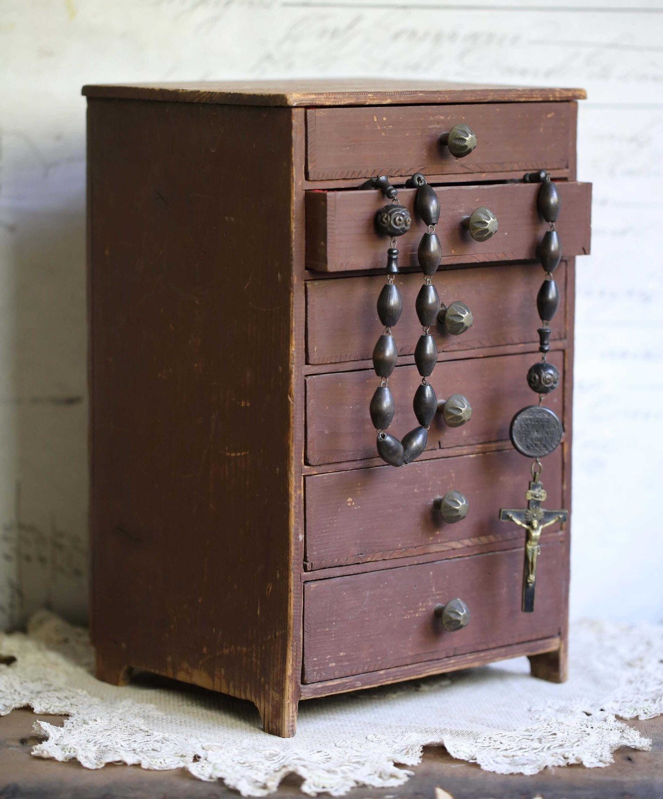 Antique Watchmakers Drawers Distressed Wooden Storage Chest Miniature Furniture