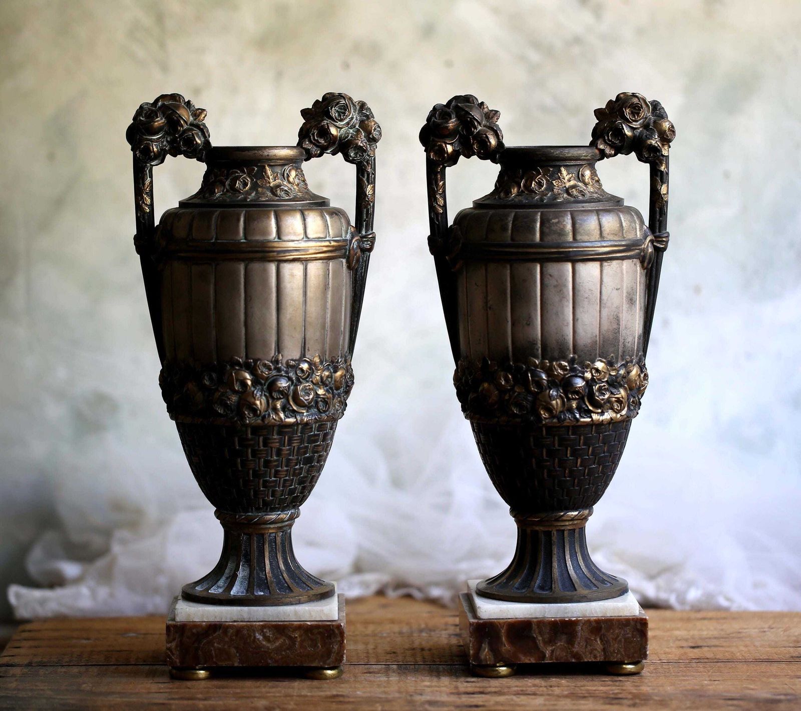 Pair Of Antique Mantle Urns Large Neo Classical Style Vases