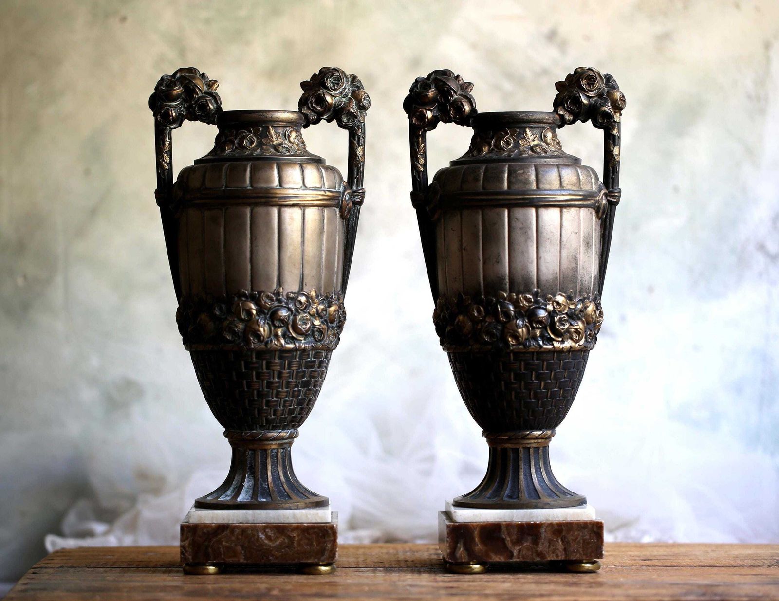 Pair Of Antique Mantle Urns Large Neo Classical Style Vases photo for sale