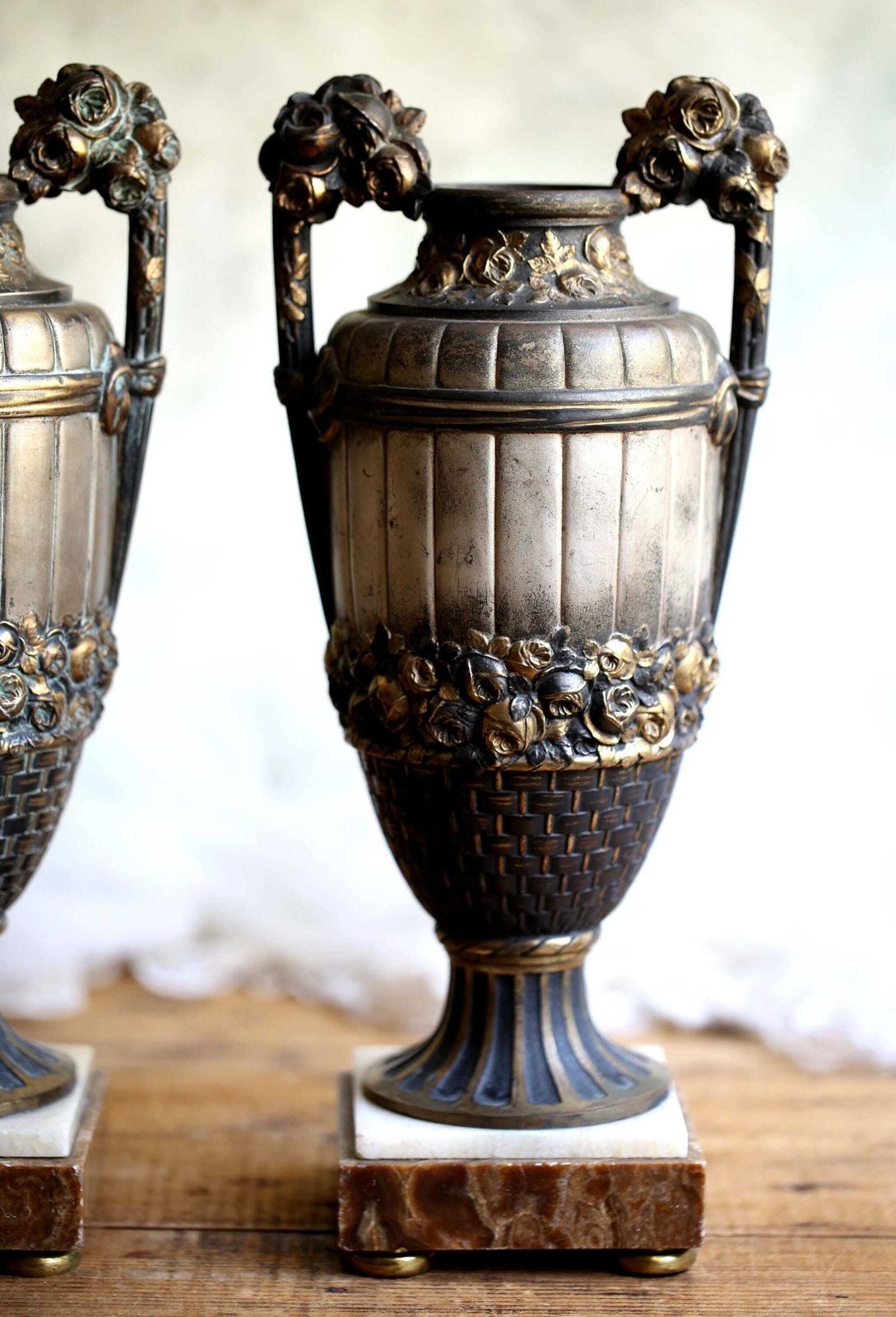 Pair Of Antique Mantle Urns Large Neo Classical Style Vases photo 332.0