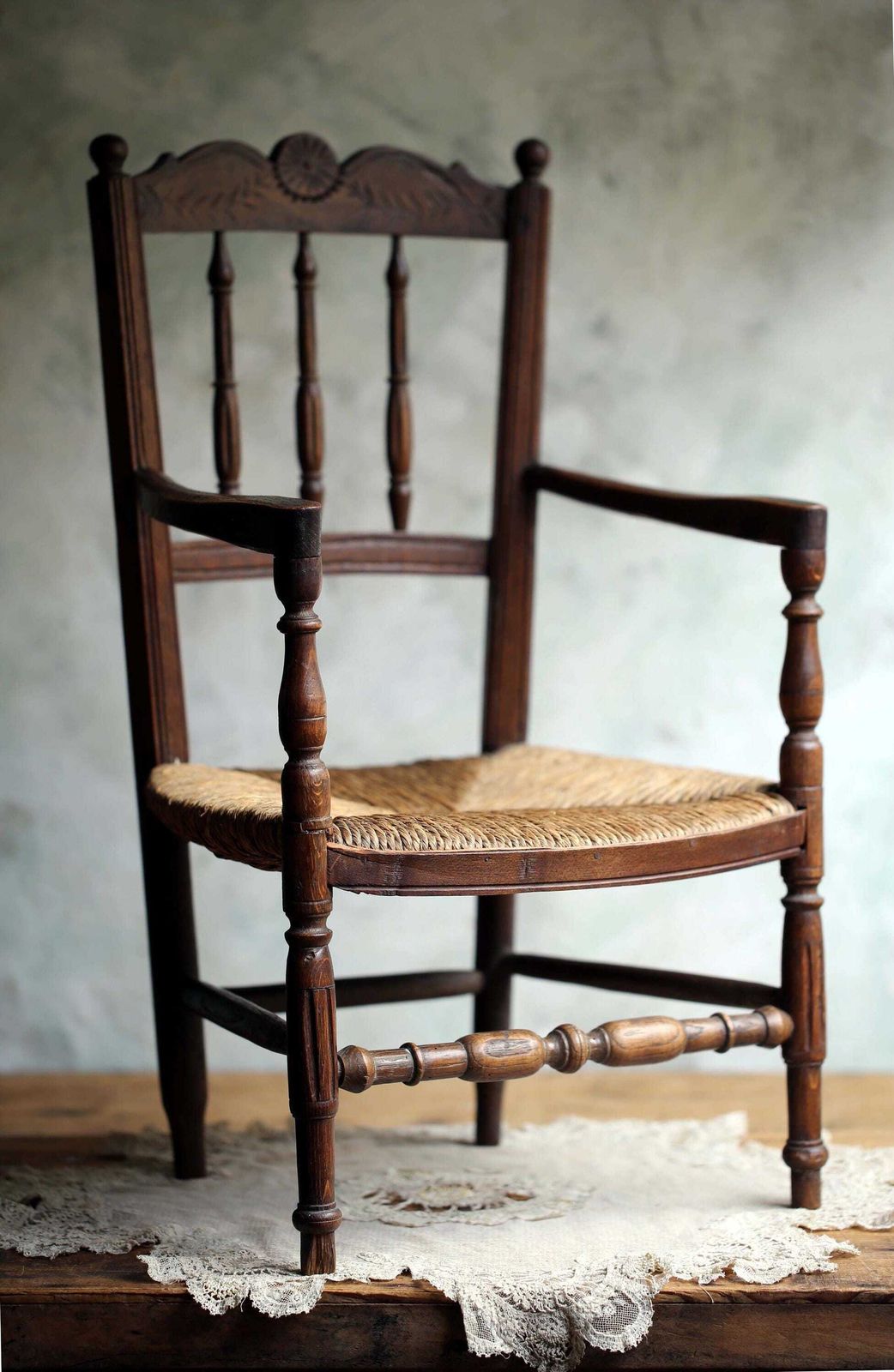 Child Antique Chair Wooden Miniature French Carved Woven Straw Seat Apprentice Piece photo vinterior