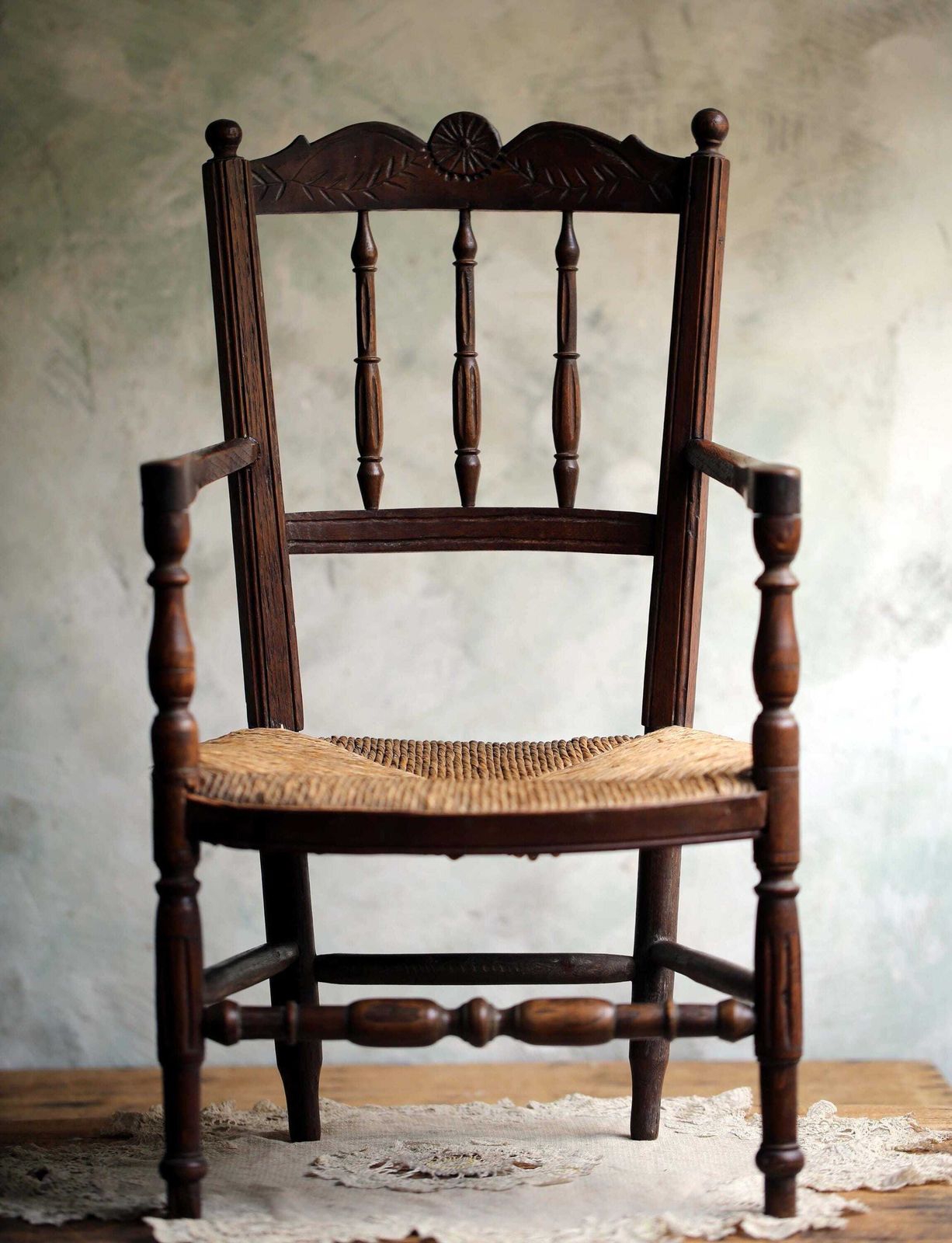 Child Antique Chair Wooden Miniature French Carved Woven Straw Seat Apprentice Piece photo vintage