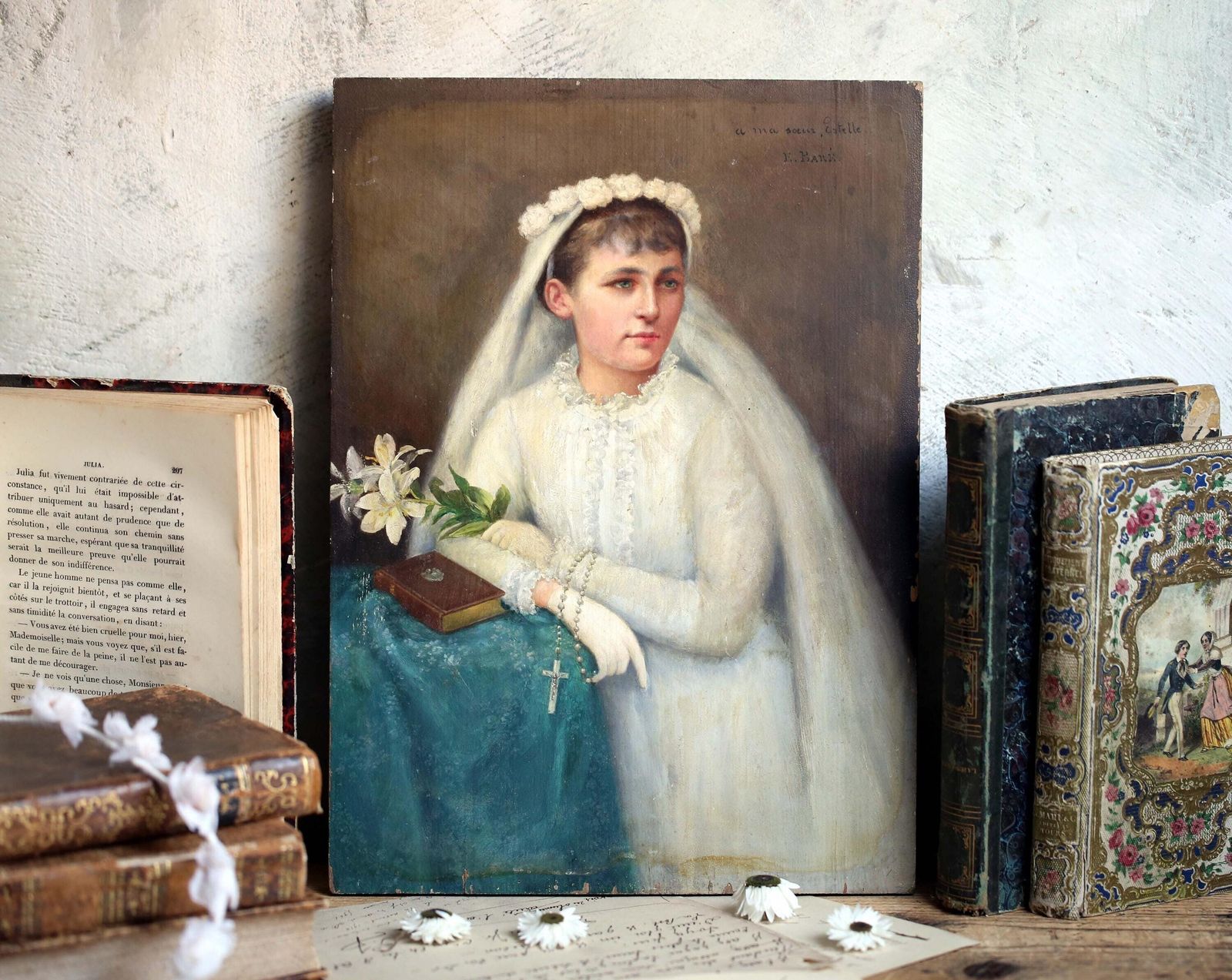 Antique Oil Painting: Girl's Holy Communion Portrait By Emil Baré