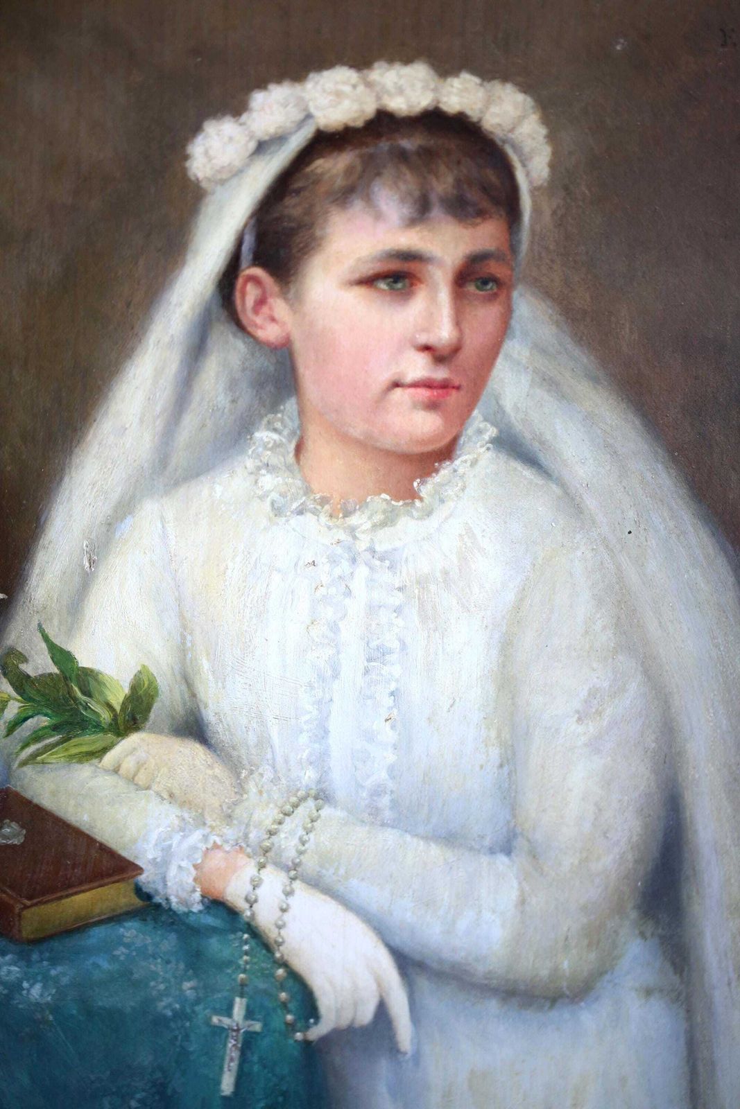 Antique Oil Painting: Girl's Holy Communion Portrait By Emil Baré photo for sale