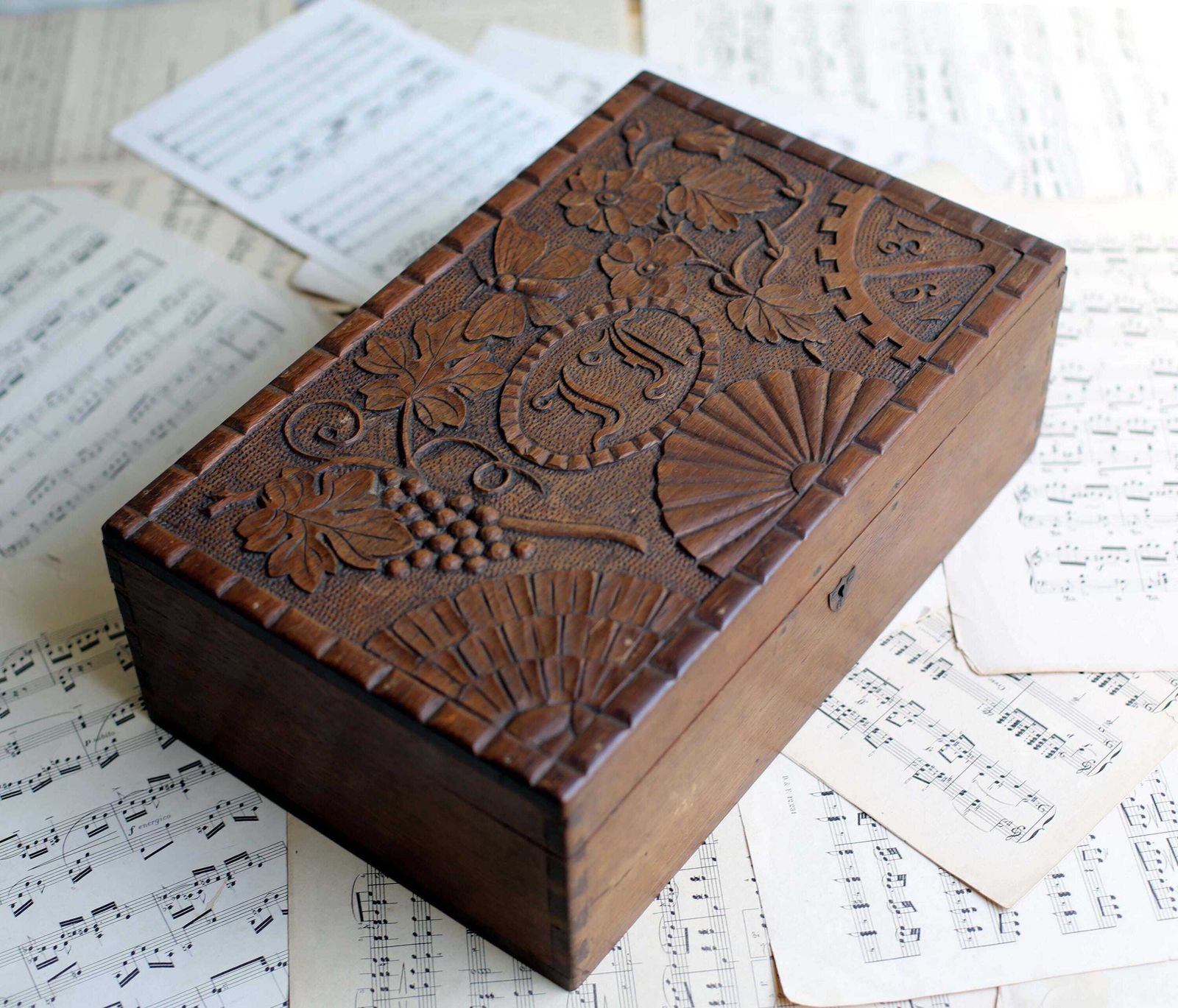 Antique French Box Carved Box Wooden Storage Case Lf Monogram 1937 Chest photo furniture