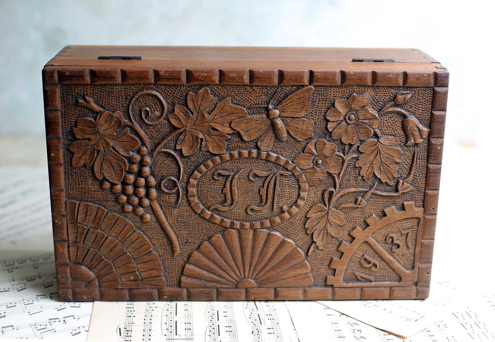 photo for sale Antique French Box Carved Box Wooden Storage Case Lf Monogram 1937 Chest