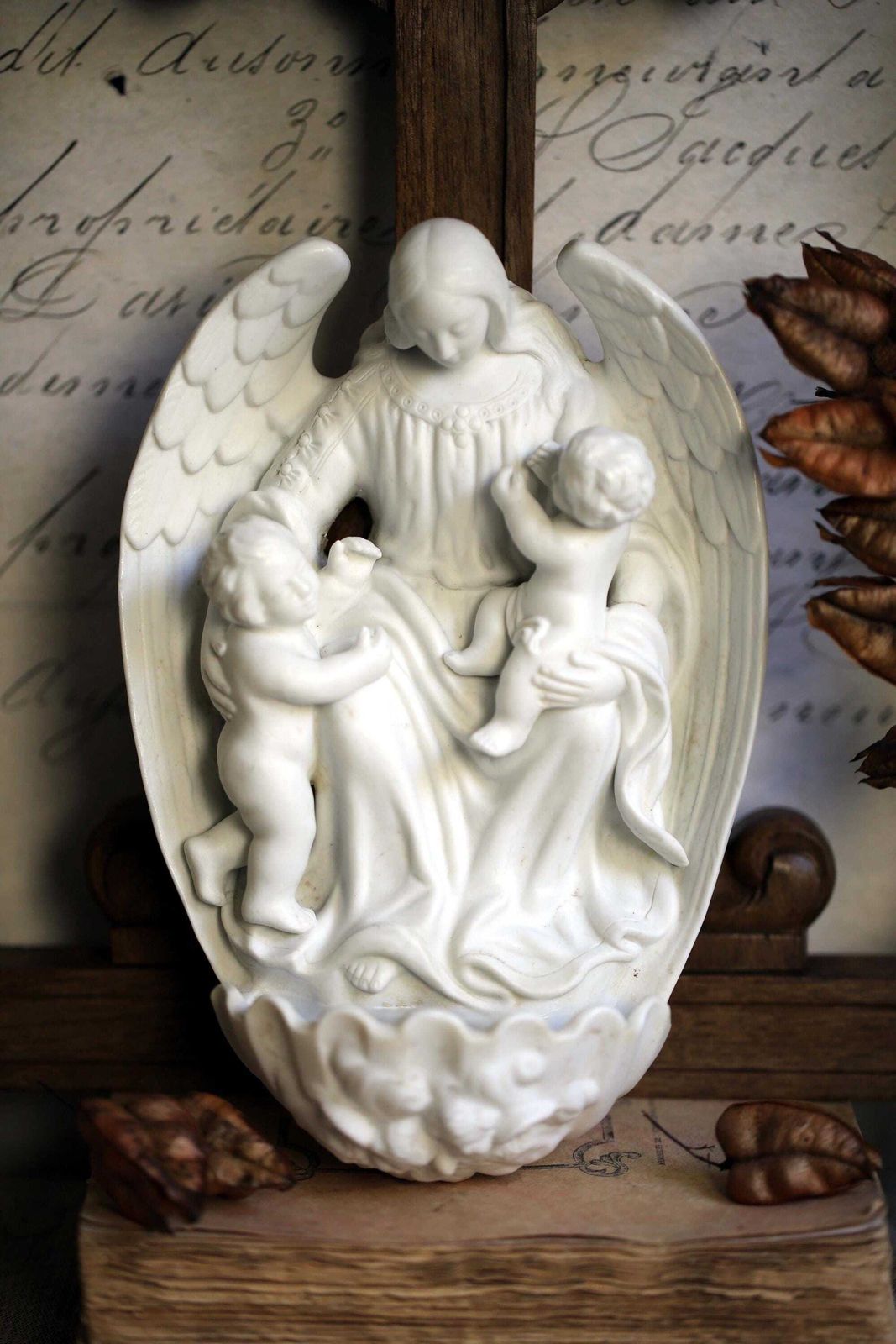 Antique French Porcelain Font Madonna & Jesus Christ Virgin Mary Benitier Statue Wall Hanging Religious Shrine photo for sale
