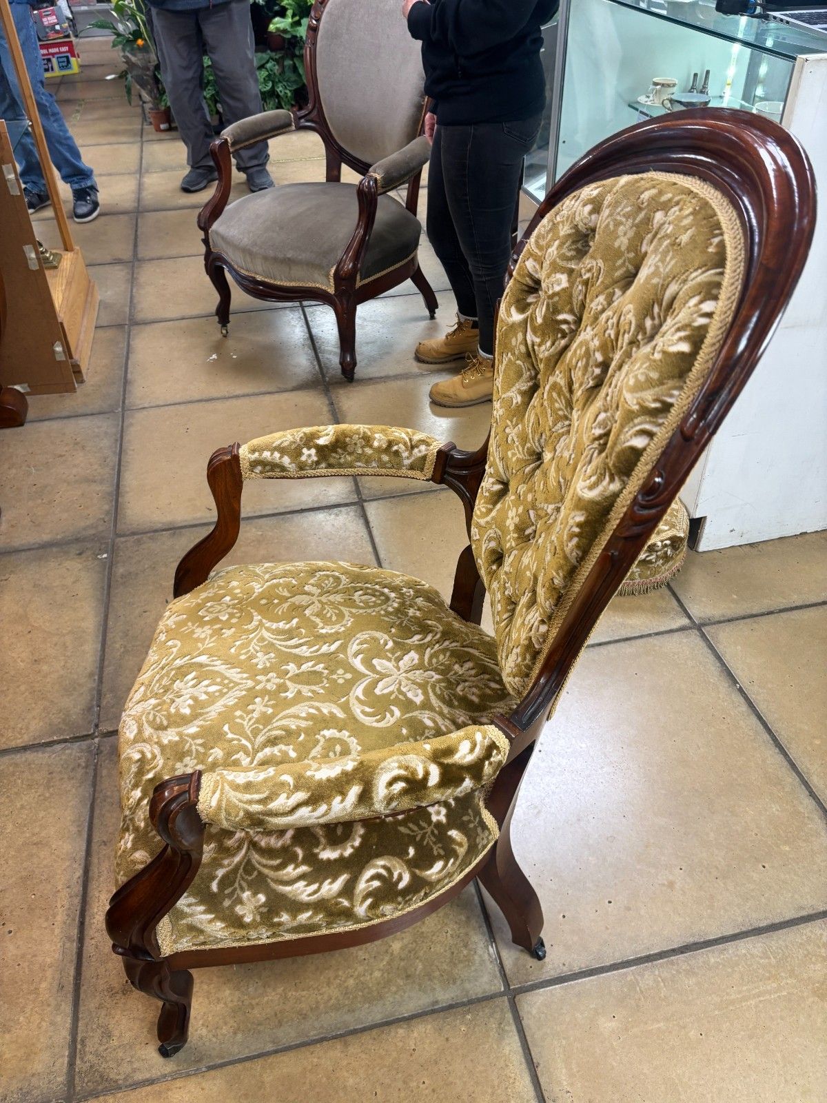 195.0 Victorian Italian Style Mahogany Salon Chair With Upholstered Footstool photo