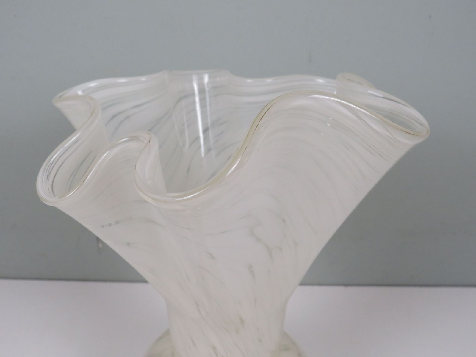 White Murano Glass Vase, Hand Blown Italian Art Glass With Sculptural Fluted Rim, 1970s photo buy