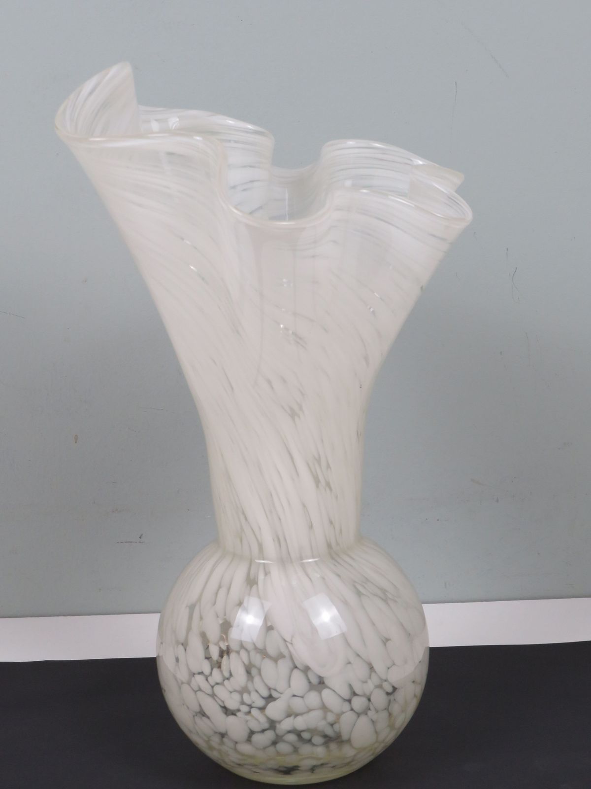 White Murano Glass Vase, Hand Blown Italian Art Glass With Sculptural Fluted Rim, 1970s photo vintage