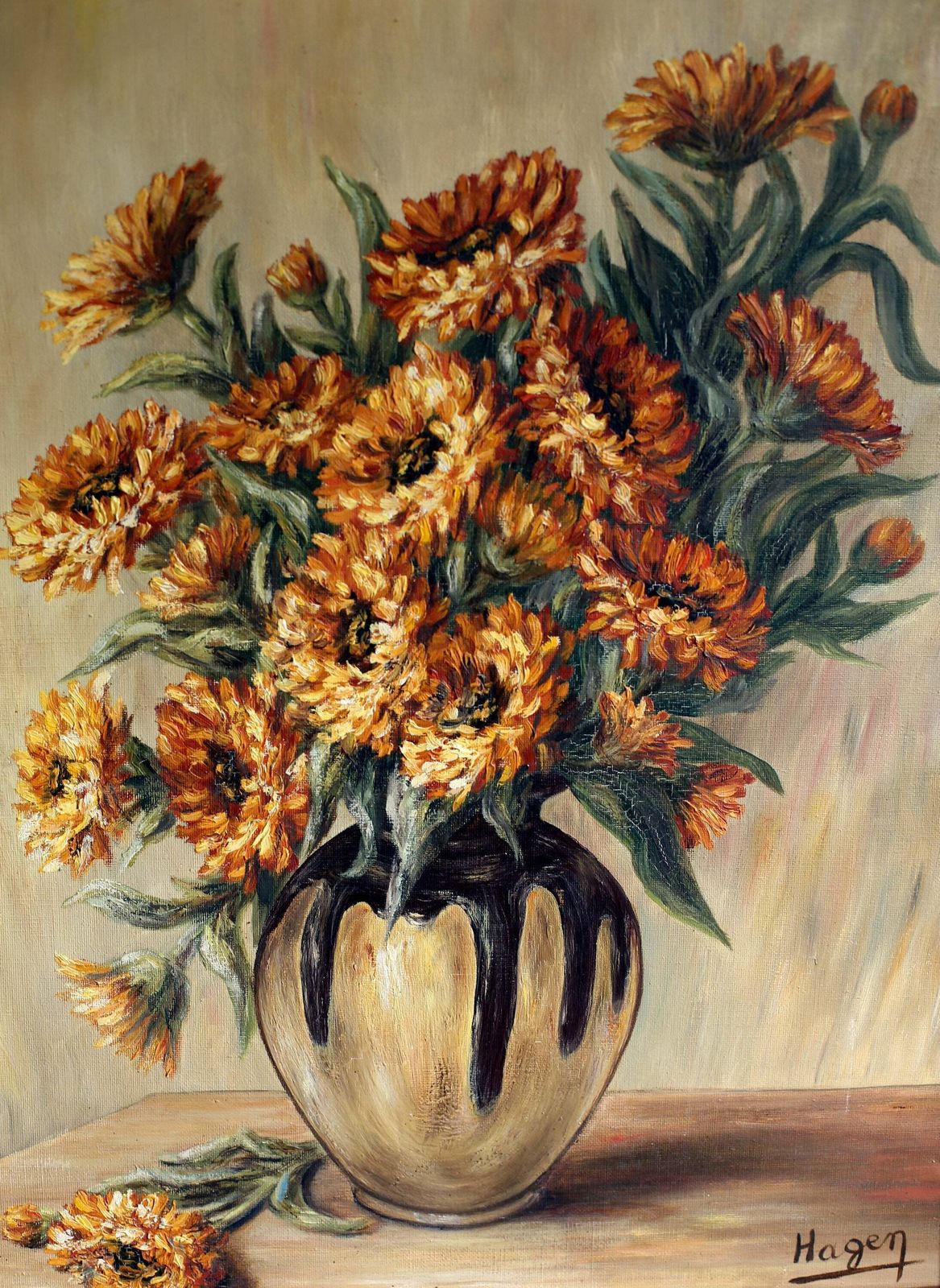 Large Chrysanthemums Oil Painting: French Impressionist Floral Still Life photo for sale