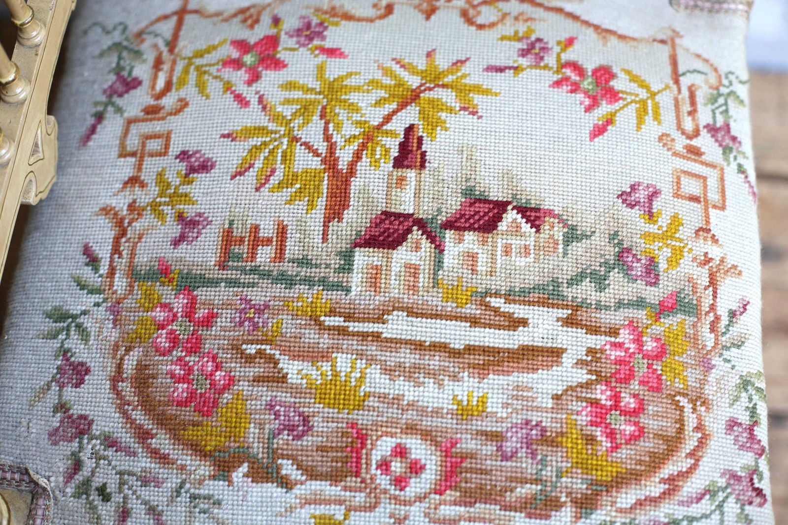Antique French Corner Chair Small Embroidered Carved Seat photo for sale