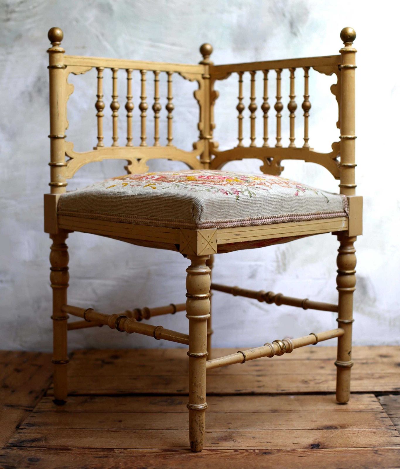Antique French Corner Chair Small Embroidered Carved Seat photo Furniture