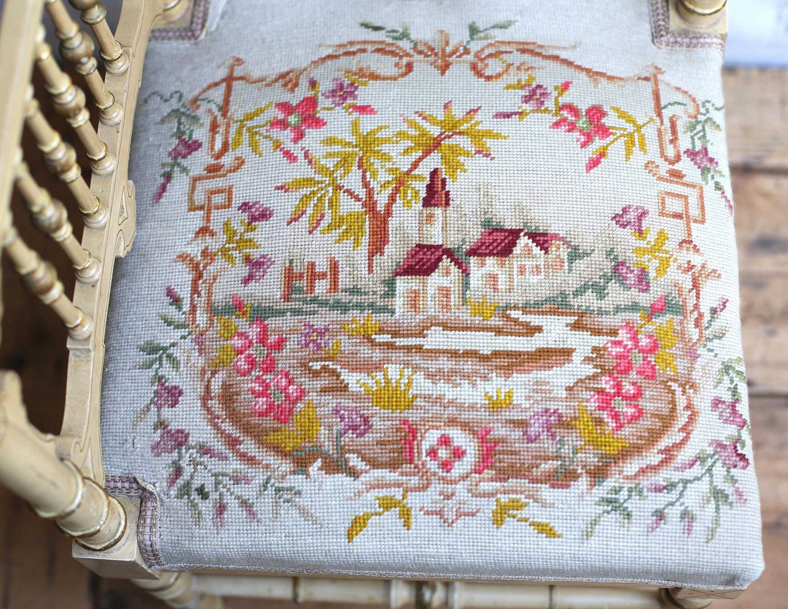 Antique French Corner Chair Small Embroidered Carved Seat photo 295.0