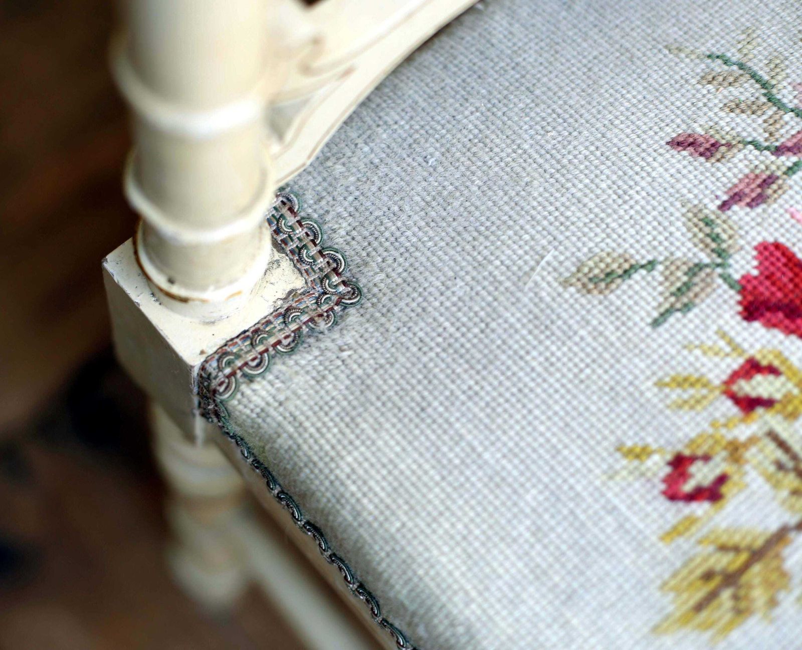Antique French Corner Chair Small Embroidered Floral Carved Seat photo vintage