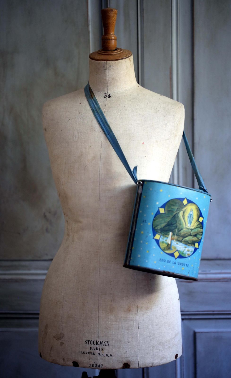 Antique French Holy Water Canister Blue Tin Can From Lourdes Metal Container With Strap photo for sale