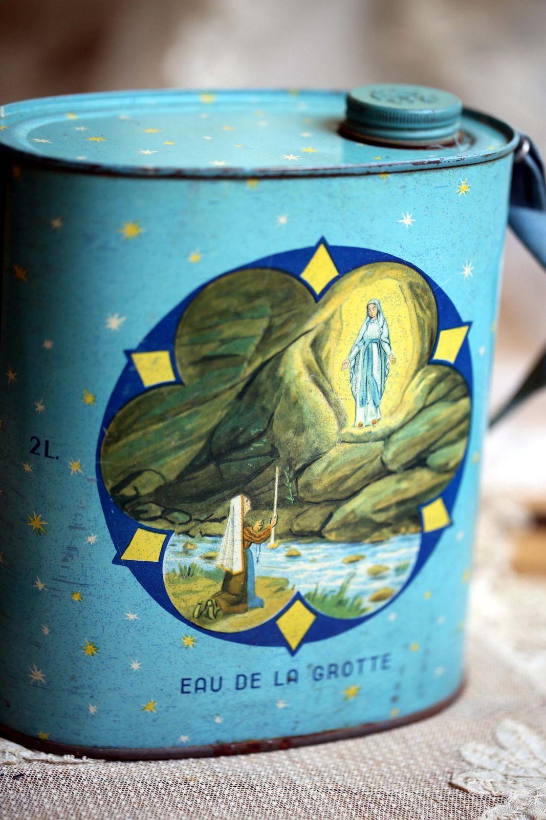 Antique French Holy Water Canister Blue Tin Can From Lourdes Metal Container With Strap photo 104.0