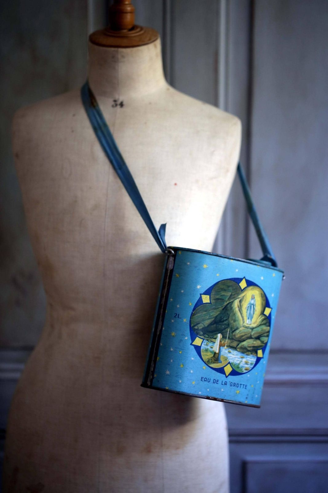 Antique French Holy Water Canister Blue Tin Can From Lourdes Metal Container With Strap photo vinterior