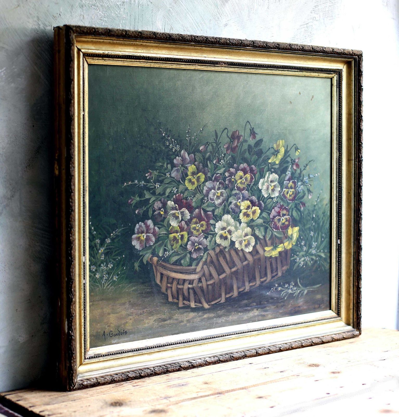 Original Antique French Oil Painting Flowers Framed Still Life Pansies Auguste Gondois photo furniture