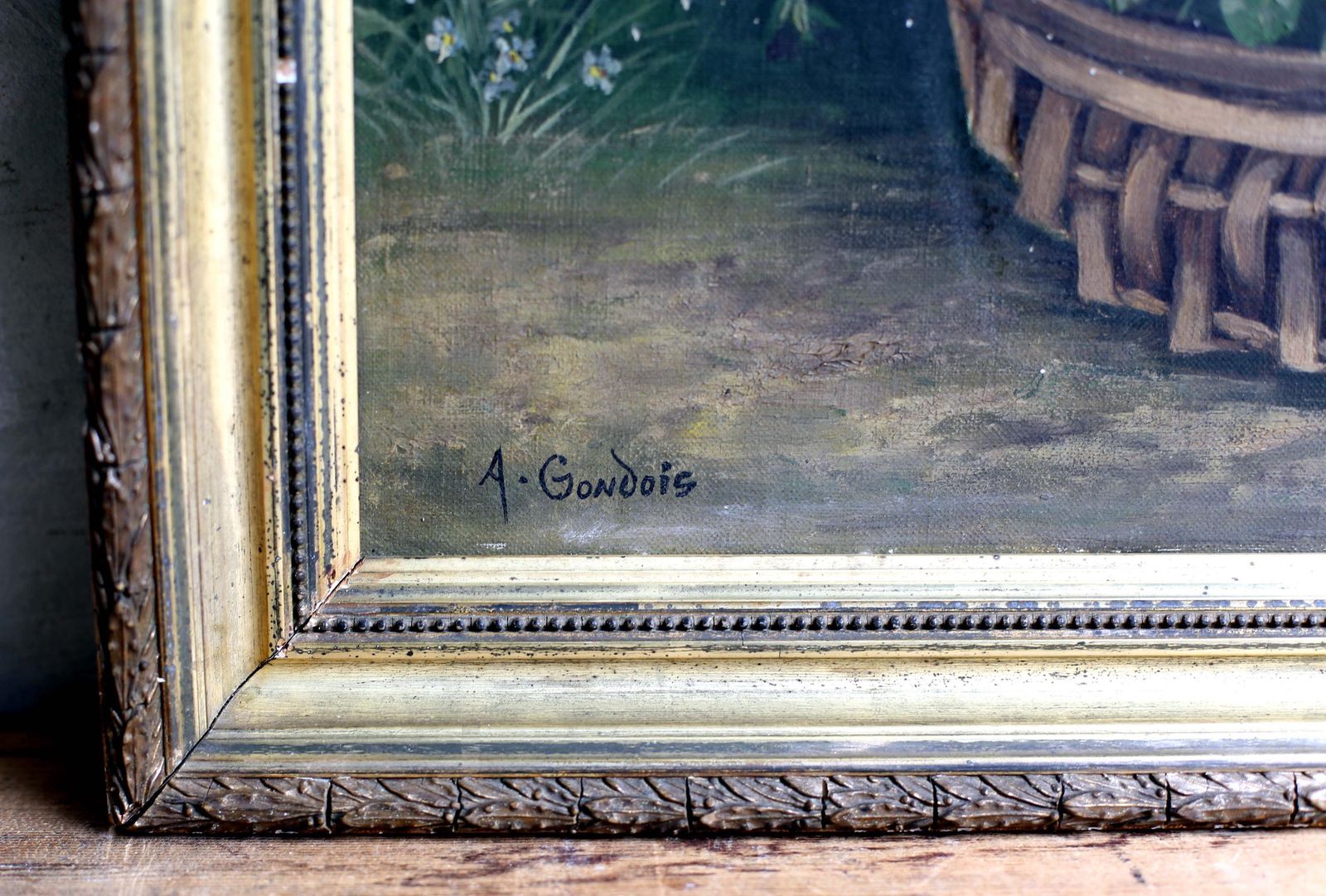 Original Antique French Oil Painting Flowers Framed Still Life Pansies Auguste Gondois photo Art